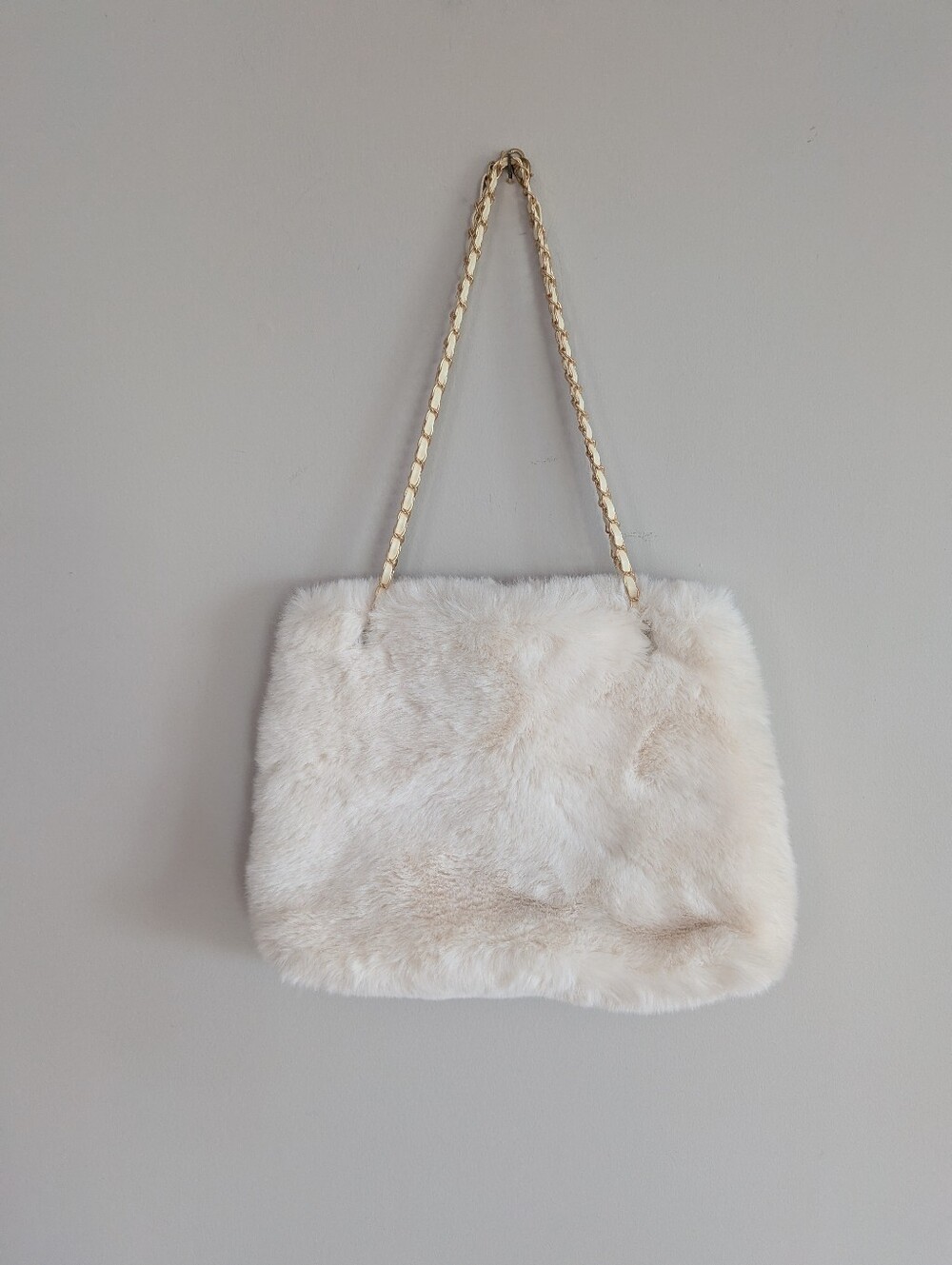 Plush cream faux fur shoulder bag,
